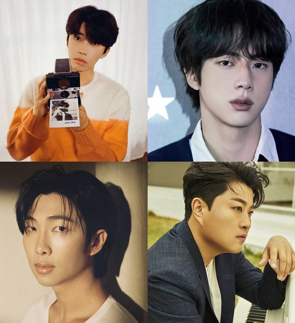 The Fact Music Awards (TMA) has opened the TMA Best Music Finals. Pictured are Im Young-hyeong, BTS Jin, BTS RM, and Kim Ho-jung (clockwise from top left). /Fish Music, Big Hit Music, Thought Entertainment
