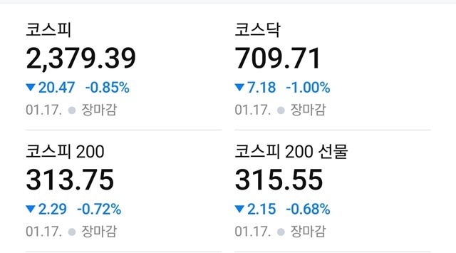 코스닥 지수는 17일 전 거래일 대비 1.00%(7.18포인트) 내린 709.71로 마감했다. /네이버 증권정보 캡쳐