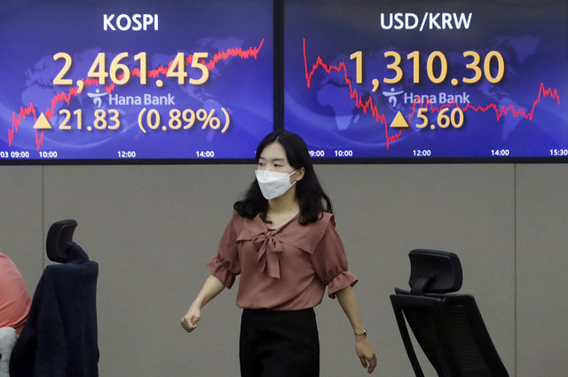 한국거래소에 따르면 26일 코스피 지수는 전 거래일 대비 1.65%(40.08포인트) 오른 2468.65로 거래를 마쳤다. /뉴시스