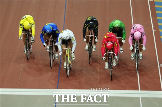 광명스피돔에서 선수들이 결승선을 앞두고 박빙의 승부를 벌이고 있다./경륜경정총괄본부