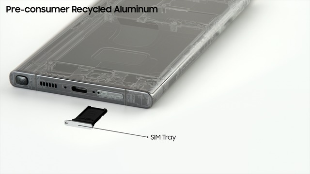 삼성전자는 공정 중 발생하는 알루미늄 부산물을 제품 측면의 사이드키, 볼륨키, SIM 카드 트레이에 적용했다. /삼성전자