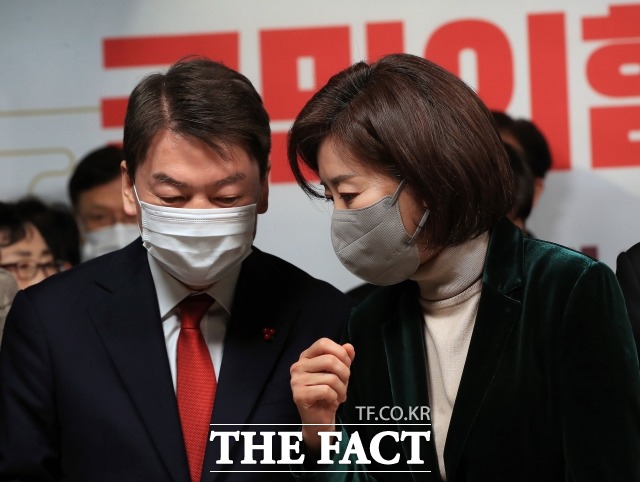 지난달 11일 국민의힘 서울시당 신년인사회에서 안철수 의원과 나경원 전 의원이 이야기를 나누던 당시. /남윤호 기자