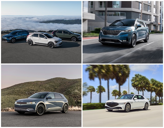 기아 니로와 카니발, 제네시스 G90, 현대차 아이오닉 5(왼쪽 위부터 시계방향)가 미국 유력 자동차 전문 평가 웹사이트 카즈닷컴이 발표한 2023 최고의 차 어워즈에서 수상 명단에 이름을 올리며 상품성을 입증했다. /현대차그룹