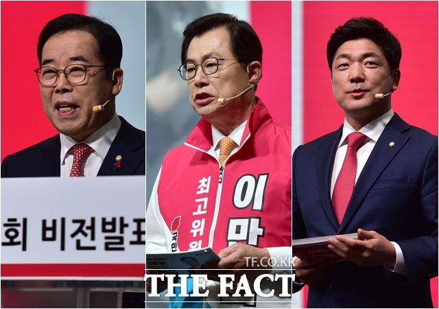 친윤계로 분류되는 (왼쪽부터) 박성중·이만희·이용 의원이 최고위원 후보 예비경선에서 탈락했다. /국회사진취재단