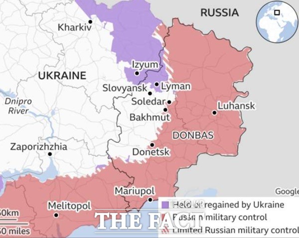 22일 현재 우크라이나 전선 현황. 보라색은 우크라이나가 탈환한 지역, 주황색은 러시아 군 통제지역이다. /미국 전쟁연구소 BBC