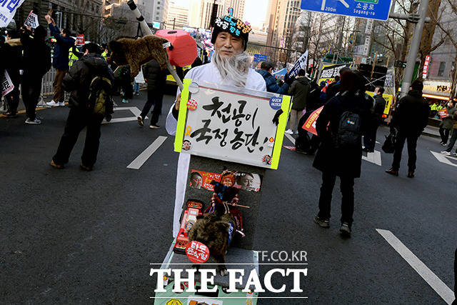 천공이 국정농단! 이색 복장으로 집회에 함께한 참가자의 모습.