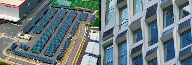 한화큐셀이 재생에너지 발전량 예측 사업을 개시했다. 사진은 한화큐셀 진천공장 주차장(왼쪽)과 서울 장교동 한화빌딩에 설치된 대표적 분산에너지 자원인 태양광 발전소. /한화큐셀