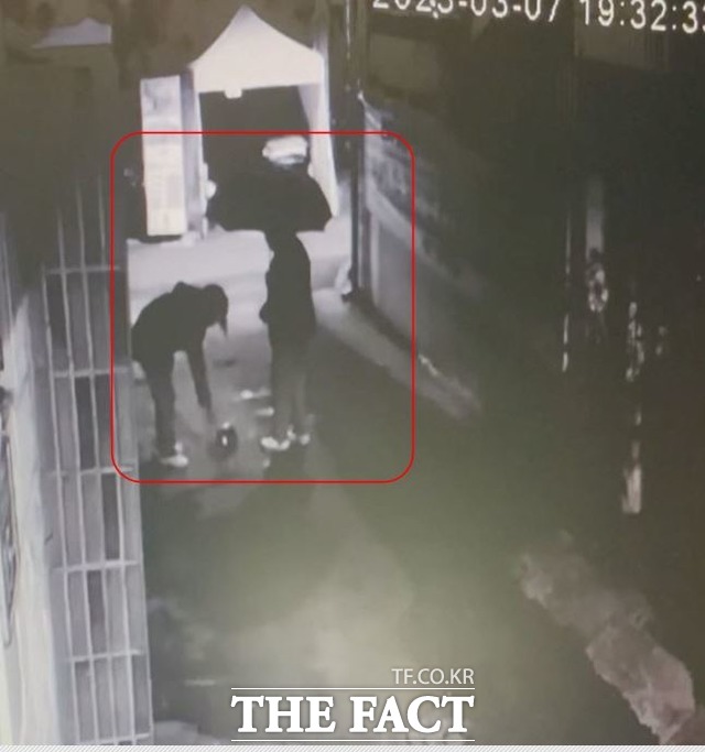 신원미상의 인물들이 액체를 골목길에 뿌리고 있다./독자제공