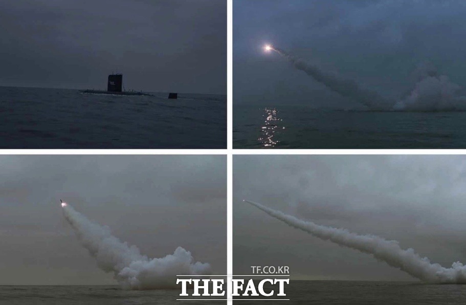 북한이 12일 잠수함 영웅함에서 전략순항미사일을 발사했다며 관련 사진을 13일 노동신문에 게재했다.영우함은 배수량 2000t급이며 어뢰발사관을 여러기 갖추고 있는 것으로 알려져 있다. /노동신문