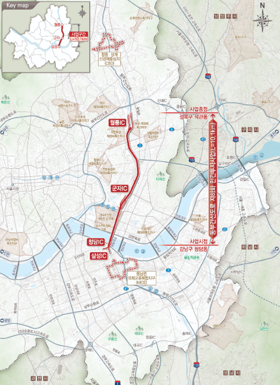 동부간선도로는 경기도 의정부시 상촌IC부터 송파구 장지동 복정교차로까지 이어지는 약 40km의 도로다. 동부간선도로 지하화사업 민간투자사업구간 위치도. /대우건설