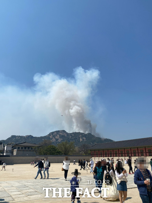 서울시 종로구 경복궁에서 2일 인왕산 산불로 인한 연기가 보이고 있다. /독자 제공