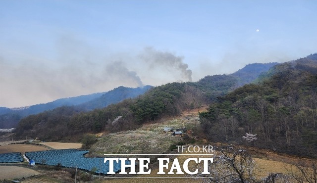 불이 나자 산림 및 소방당국은 오후 4시 40분쯤 산불 2단계를 발령하고 헬기 17대와 장비 70대,인력 563명을 투입해 해질녘까지 진화를 시도했다. /영주=이민 기자