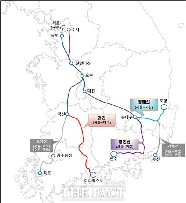 오는 9월부터 진주에서 출발해 마산과 창원을 거쳐 서울 수서까지 가는 수서행 고속철도 SRT 운행 노선도/진주시