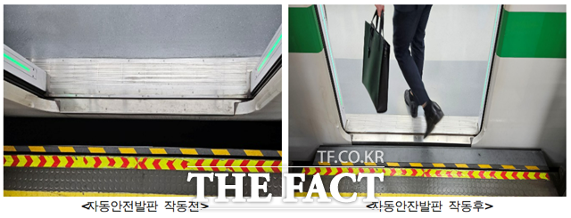 서울 지하철에 승강장과 열차 사이 발빠짐 사고를 예방하기 위한 발판이 도입된다. 자동안전발판 작동 예시. /서울시 제공