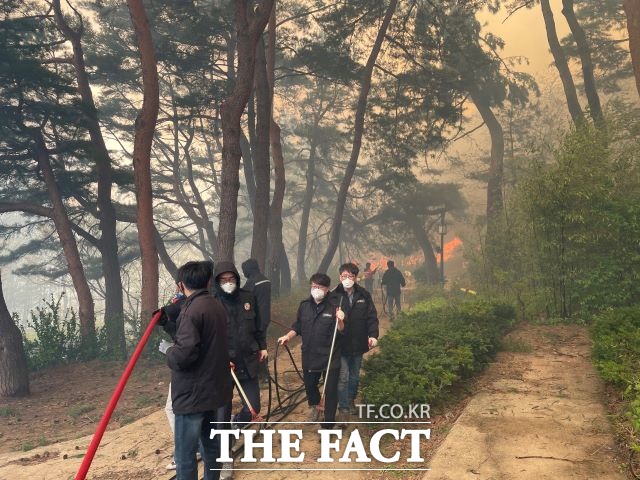 지난 11일 강릉시 난곡동 일대 대형 산불 현장에는 강한 바람을 타고 걷잡을 수 없게 번지는 불 길에 헬기도 뜨지 못해 진화작업에 어려움이 있었던 상황에서 산불 피해를 막아낸 강릉시 직원들이 눈길을 끌고 있다./강릉시