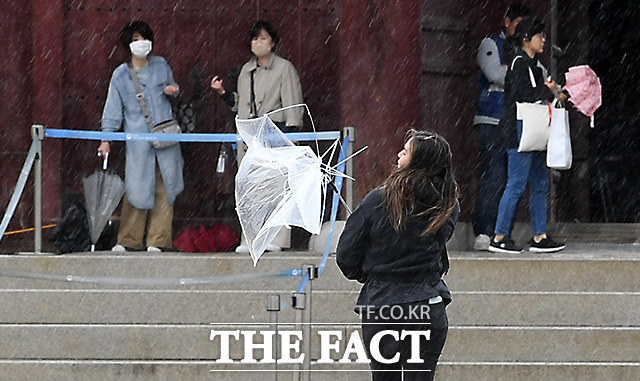 절기상 입하인 6일 오전 전국에 걸쳐 비가 내리고 있는 가운데 서울 광화문을 찾은 한 관광객이 강풍에 뒤집어진 우산을 바라보고 있./임영무 기자