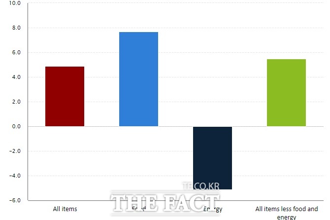 미국의 4월 소비자물가지수(CPI)가 전년 동월에 비해 4.9% 상승한 것으로 집계됐다. /미국 노동통계국