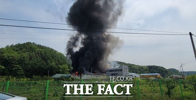 경북 영천시 고경면의 한 공장에서 검은 연기가 피어 오르고 있다./영천소방서