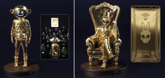 한국조폐공사는 스마스월드의 한정판 아트를 활용해 순도 99.99%의 금으로 제조된 스마스 아트 골드바 컬렉션을 현대백화점 판교점 팝업스토어에서 판매한다고 밝혔다. 사진은 1g 카드형 골드바(왼쪽),1000g 골드바. /한국조폐공사