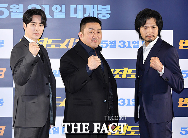 배우 이준혁과 마동석, 아오키 무네타카(왼쪽부터)가 범죄도시3로 관객들과 만난다. /박헌우 기자