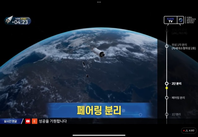 누리호가 25일 오후 6시24분 무사히 발사돼 순항하고 있다. /한국항공우주연구원 유튜브 중계화면 캡처