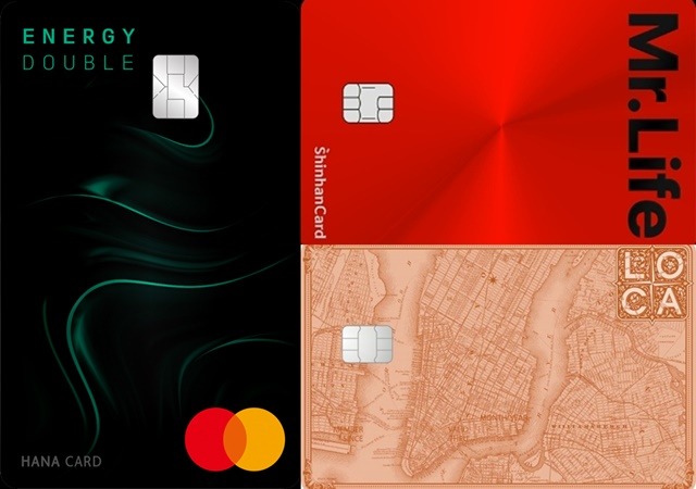 카드업계에서는 에너지 공과금 절약 특화 상품을 출시하거나 공과금 할인 혜택을 담은 상품을 내놓고 있다. (왼쪽부터 시계방향) 하나카드의 에너지 더블 카드, 신한카드의 미스터라이프 카드, 롯데카드의 로카(LOCA) 365 카드. /각 사
