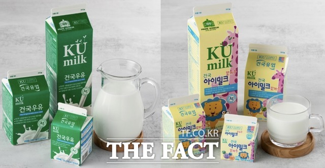 건국유업은 건국우유(왼쪽)와 건국 아이밀크 꼬끼우 일부 제품을 자발적 회수한다고 밝혔다. /건국유업 홈페이지 캡쳐