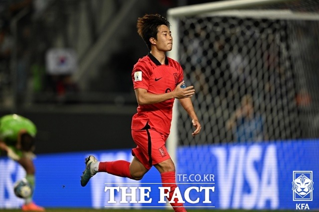 김은중호의 캡틴 이승원이 12일 이스라엘과 2023 U-20 FIFA 월드컵 3,4위전에서 전반 24분 페널티킥 동점골을 터뜨리며 대회 3골 4도움을 기록했다./라 플라타=KFA
