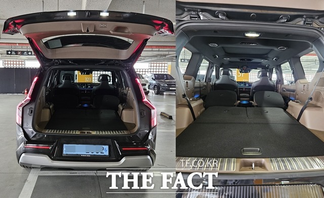 기아 EV9의 트렁크 문을 개방한 모습(왼쪽)과 2열과 3열 시트를 모드 접은 뒤 적재 공간의 모습. /김태환 기자