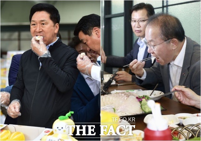 국민의힘이 후쿠시마 오염수 문제를 비판하는 야권의 주장을 사실상 괴담으로 치부하며 여론전에 나섰다. 특히 당 지도부는 국민 불안감 해소를 위해 직접 수산시장에서 회를 먹기도 했다. 26일 사드 전자파 괴담을 지적하기 휘해 경북 성주를 찾은 김기현 대표와 지난 23일 수산시장에서 회를 먹는 윤재옥 원내대표. /뉴시스