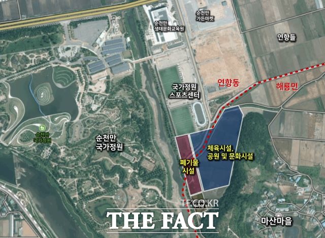 순천시가 폐기물처리장 최적 후보지로 선정, 발표한 연향동과 해룡면 마산마을 일대 폐기물처리장 배치 예상도. / 정기원 그래픽디자이너 겸 언론인