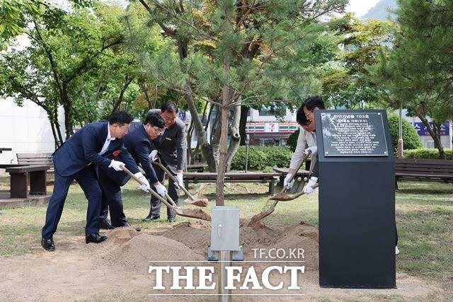 서태원 경기 가평군수가 민선8기 취임 1년을 기념해 군청 내 정이품송을 식수했다./가평군