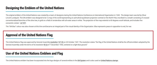 1946년 12월 7일에 결의된 유엔 총회 결의안 92(I)에 따르면 유엔 공식 엠블럼 등은 유엔 사무총장의 승인을 받아야 한다고 명시돼있다. /유엔 누리집 갈무리