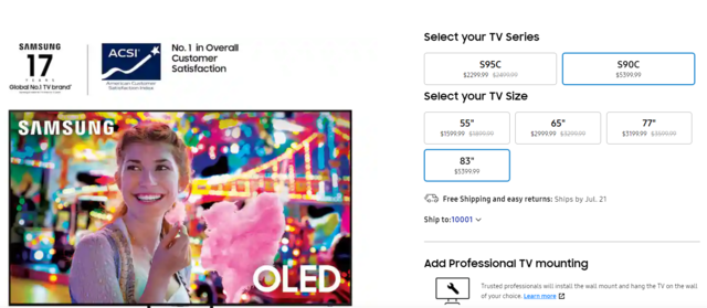 삼성전자가 LG디스플레이의 OLED 패널을 탑재한 83형 OLED TV를 미국에서 출시했다. /삼성전자 미국법인 홈페이지 캡처