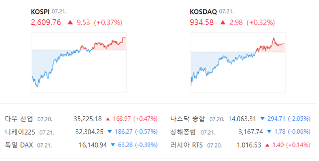 21일 코스닥은 전 거래일 대비 0.32% 오르면서 9거래일 연속 상승 마감했다. /네이버 증권 캡처