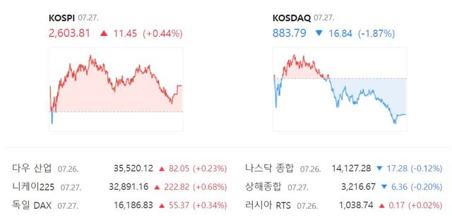 코스닥은 전 거래일 대비 1.87%(16.84포인트) 하락한 883.79를 기록했다. /네이버 증권정보 캡처