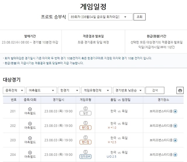 프로토 승부식 89회차 게임 일정.