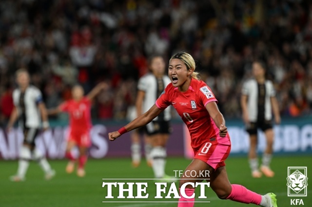 한국의 조소현이 3일 독일과 2023 FIFA 여자월드컵 H조 최종전에서 전반 6분 선제골을 터뜨린 뒤 기뻐하고 있다./브리즈번(호주)=KFA