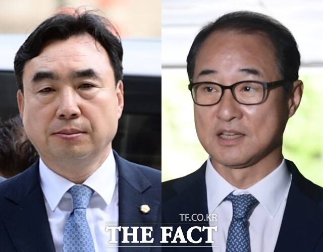 더불어민주당 전당대회 돈봉투 의혹을 받는 무소속 윤관석 의원와 이성만 의원이 국회의 체포동의안 표결 없이 구속 갈림길에 섰다. 더불어민주당 전당대회 돈봉투 의혹 핵심 피의자로 거론되는 윤관석(왼쪽)·이성만 의원이 4일 오전 서울 서초구 서울중앙지방법원에서 열린 구속 전 피의자심문(영장실질심사)에 출석하고 있다. /이새롬 기자