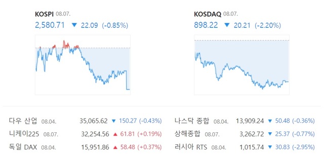 7일 코스닥은 전 거래일 대비 20.21포인트 내린 898.22에 장을 마감했다. /네이버 증권 캡