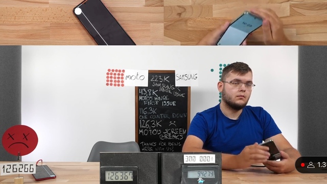 폴란드 출신 IT 유튜버 Mrkeybrd가 삼성전자의 갤럭시Z플립5와 모토로라 레이저40 울트라의 내구도를 비교하는 실험을 일주일째 이어가고 있다. /유튜버 Mrkeybrd 채널 캡처