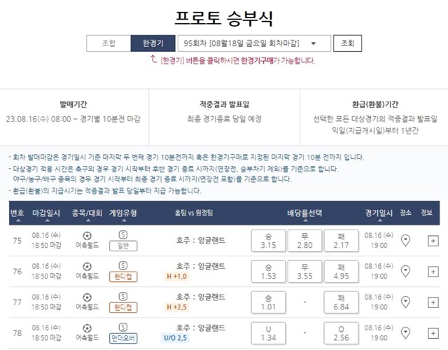 프로토 승부식 95회차 대상 경기 일정