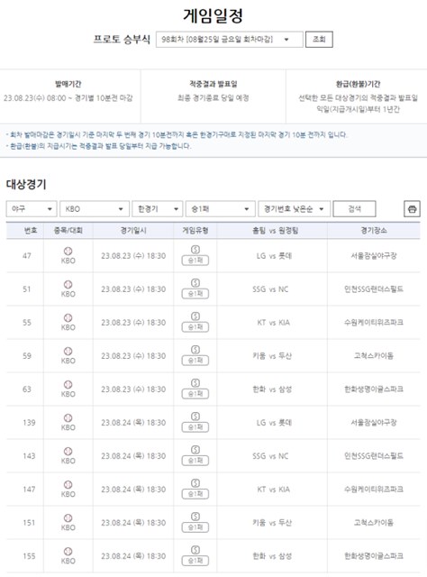 프로토 승부식 98회차 대상 경기 게임 일정.