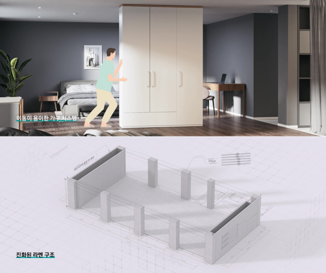 삼성물산은 23일 래미안 The Next 행사에서 인필 세스템과 넥스트 라멘 구조를 적용한 새로운 아파트 형태를 제시했다. 사진은 삼성물산의 이동 가능한 가구 시스템과 라멘 구조를 구현한 모습. /삼성물산