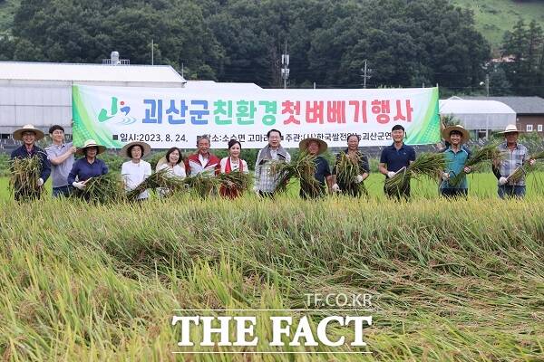 괴산군은 24일 소수면 고마리 허연규(55) 씨 논에서 올해 첫 친환경 벼 베기를 실시했다. /괴산군.