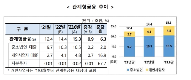 6월 말 국내 은행의 관계형금융 잔액은 15조3000억 원으로, 지난해 말(14조4000억 원) 대비 6.3% 증가했다. /금융감독원