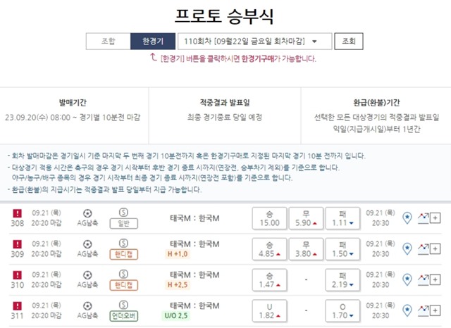 프로토 승부식 110회차 한경기구매 게임 일정.