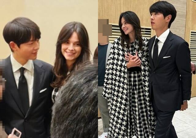 배우 송중기(왼쪽)가 아내 케이티 루이스 사운더스와 함께 여동생 결혼식에 참석해 화제를 모았다. /온라인 커뮤니티