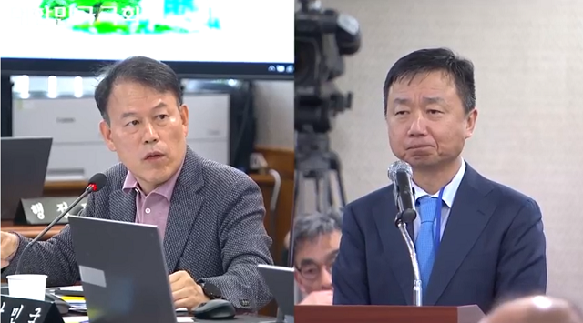 윤한홍 국민의힘 의원(왼쪽)은 최희문 메리츠증권 대표이사 부회장에게 메리츠증권은 지나친 부동산 PF(프로젝트파이낸싱) 금리를 취하고 있다고 지적했다. /국회 의사중계시스템 갈무리