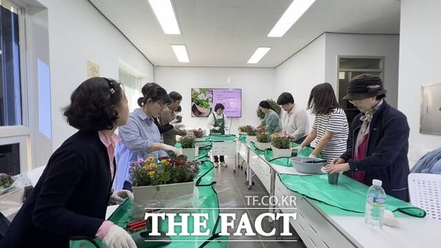 서울 마포구(구청장 박강수)는 11월까지 녹색여가센터에서 식물에 대한 이해를 돕는 가드닝(생활 원예) 프로그램을 운영한다. 가드닝 프로그램에 참여한 구민들이 국화 화분을 만드는 모습. /마포구